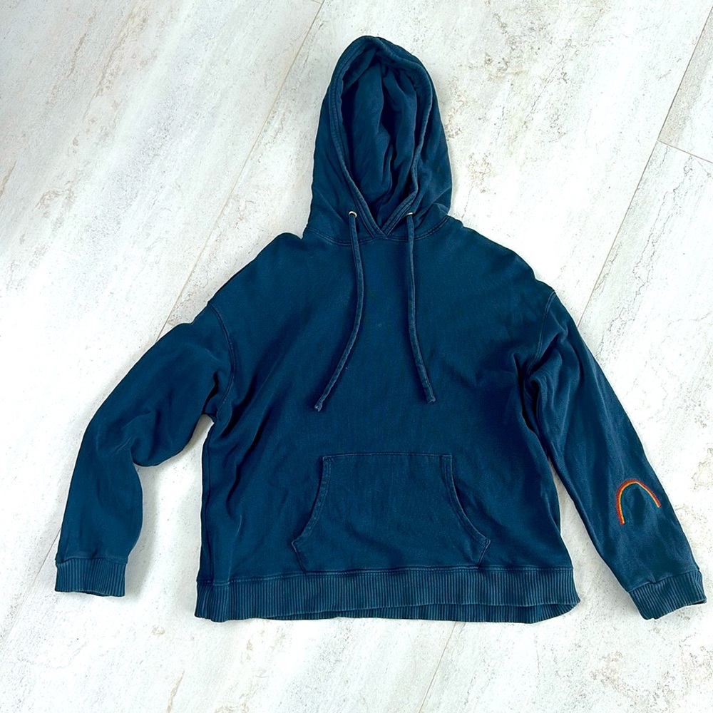 Monrow Navy Blue Hoodie with Embroidered Rainbow on sleeve